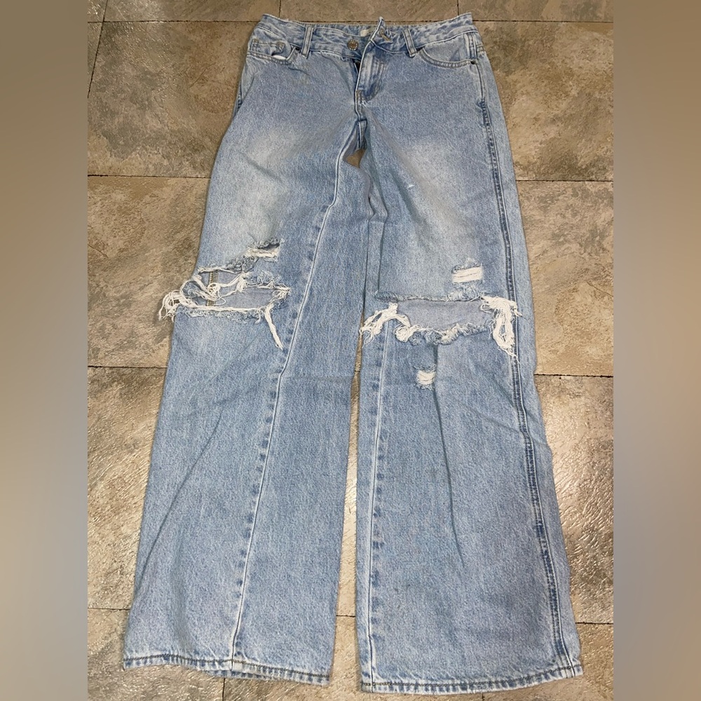 PacSun Blue Straight Leg Jeans with Distressed Style